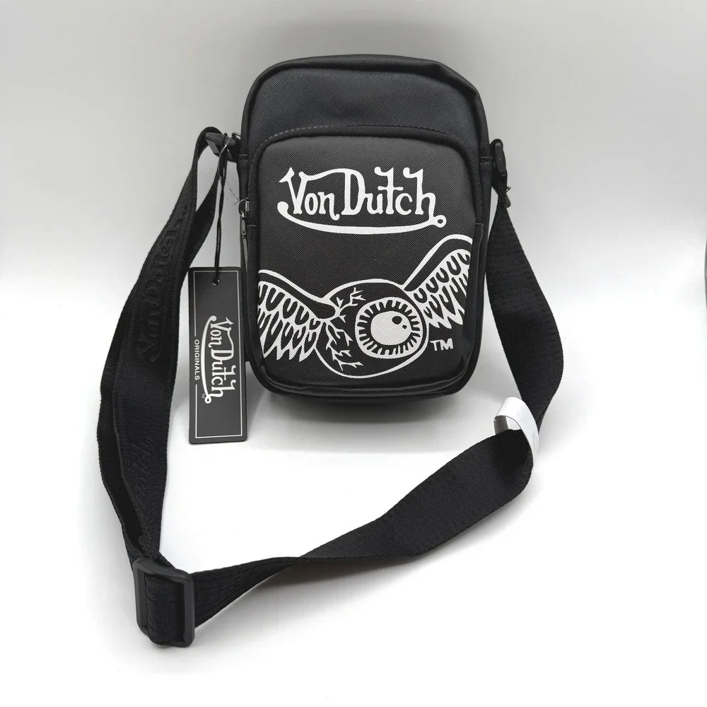 Von Dutch Crossbody Bag Unisex OS Black Flying Eyeball Logo Messenger NEW